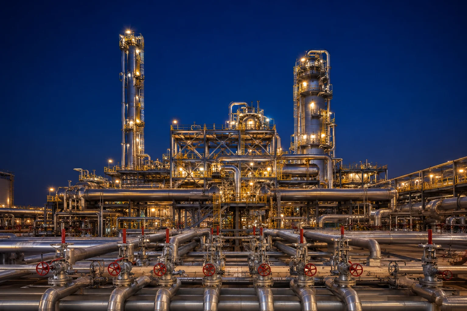 Petrochemical processing plant at blue hour