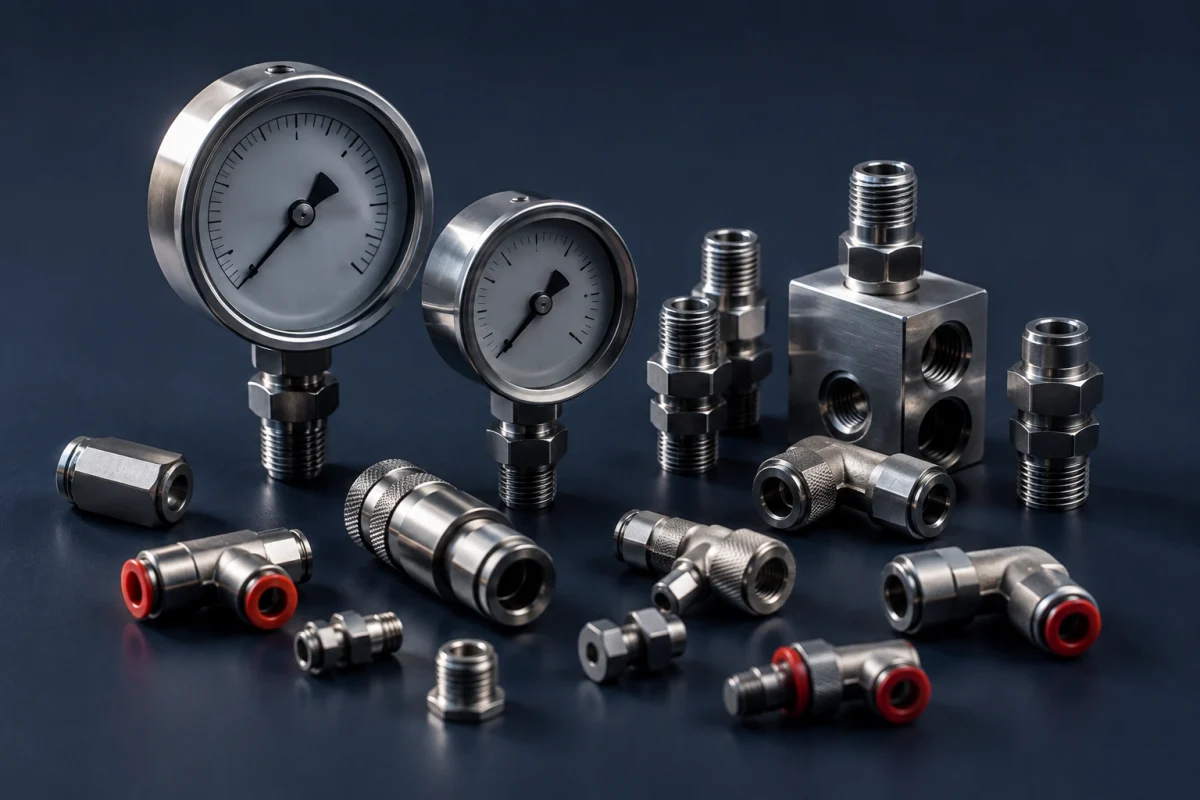 Pressure gauges and pneumatic fittings
