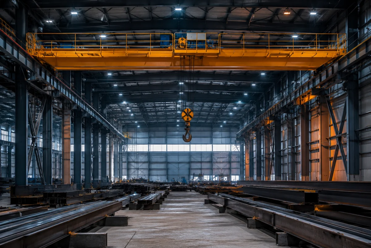 Overhead crane in a steel fabrication hall