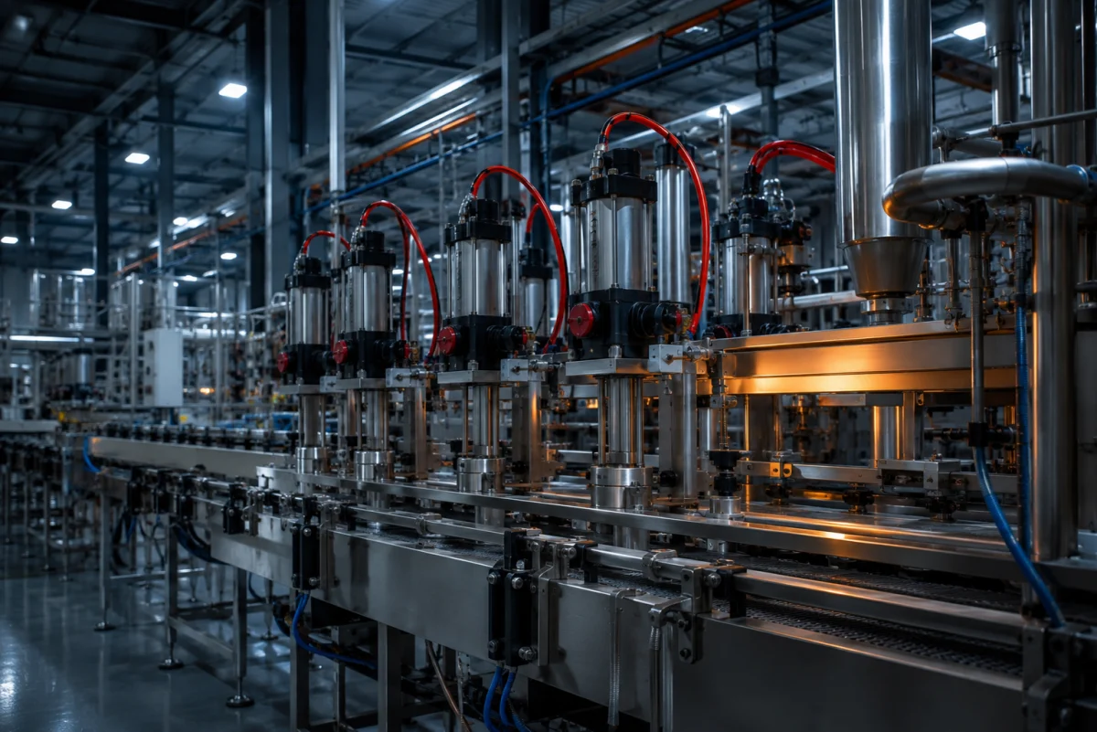 Production line with pneumatic actuators