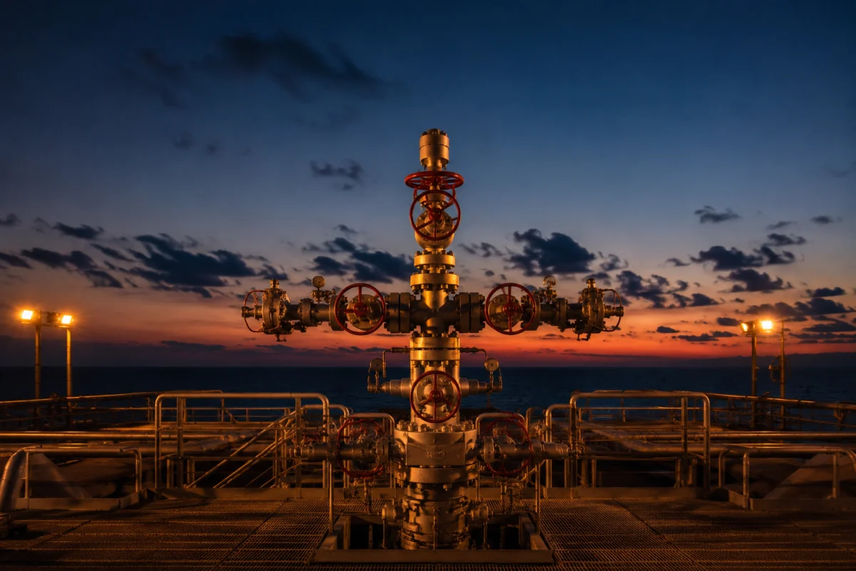Wellhead valve assembly at dusk