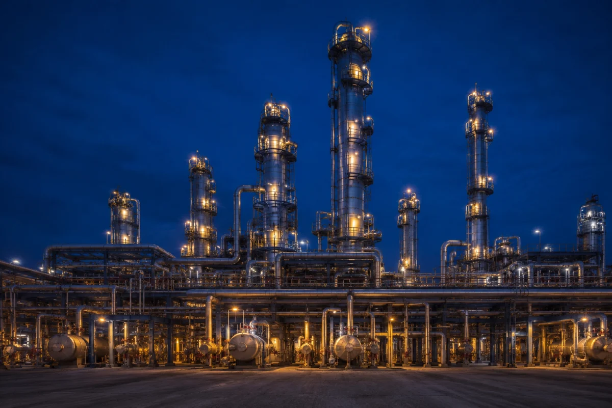 Refinery distillation columns at blue hour